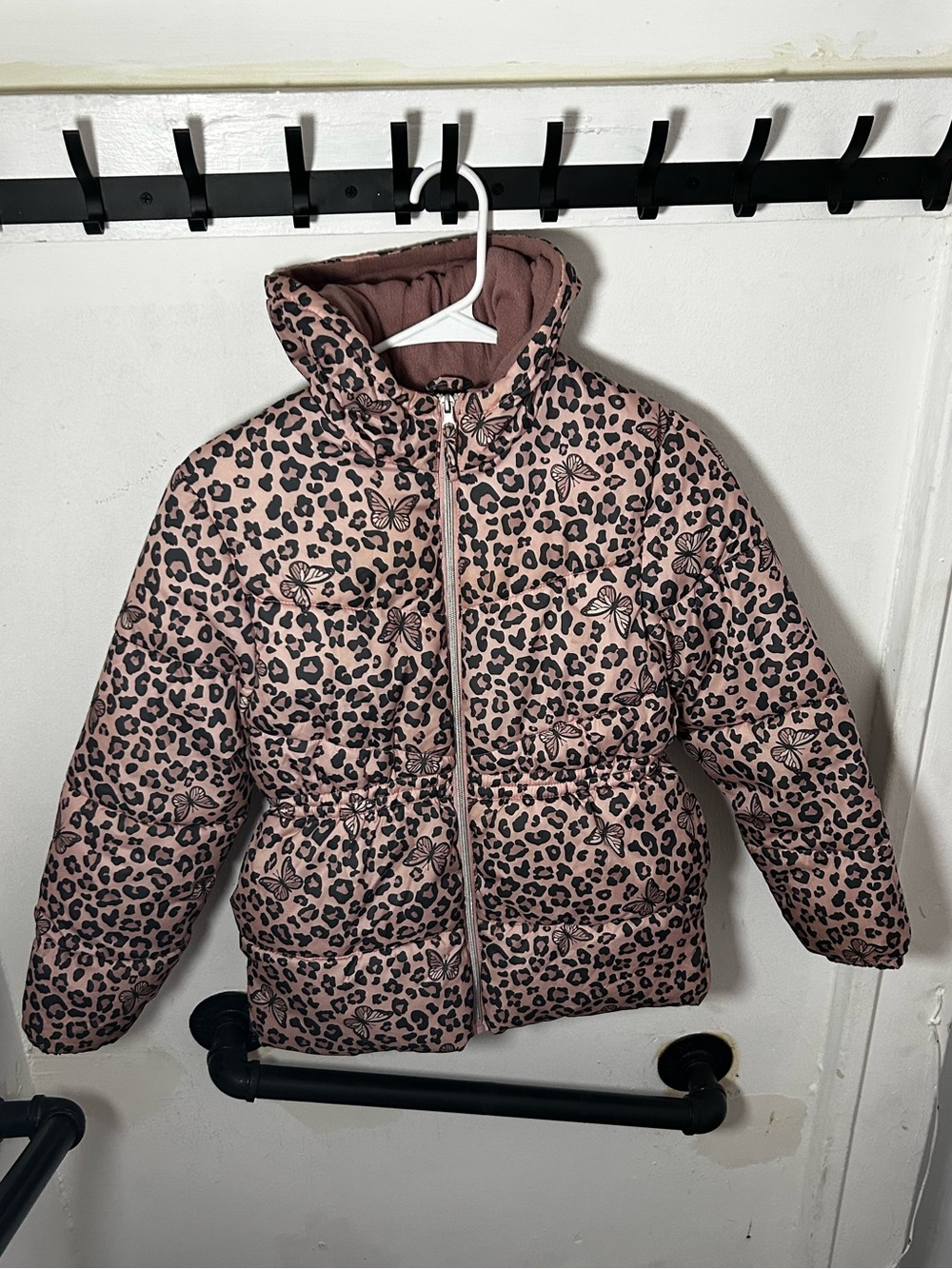 Pink Platinum Pink Leopard-Print Hooded Puffer Jacket